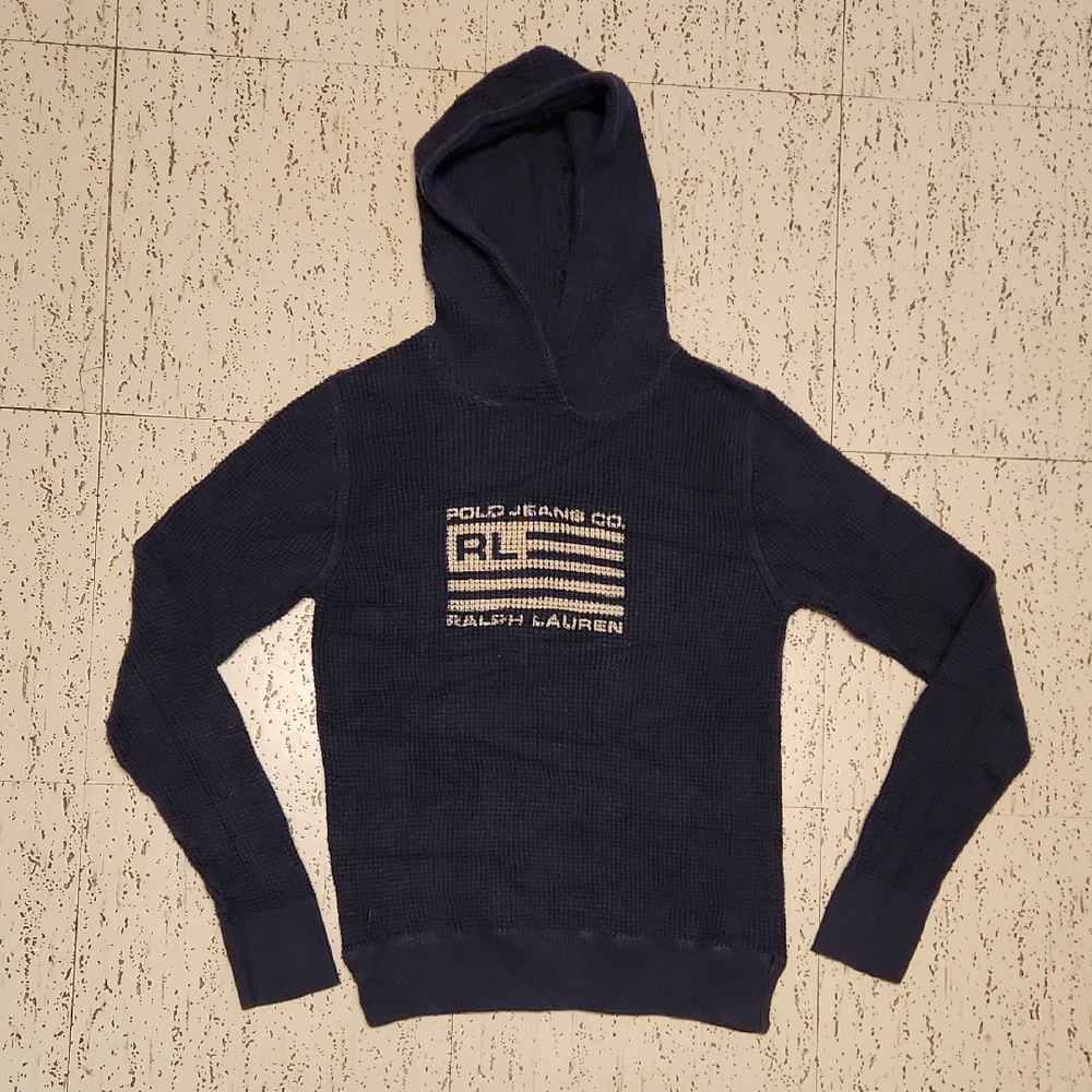 Ralph Lauren Polo Jeans Co Blue Waffle Knit American Flag Pullover Hoodie Y2K